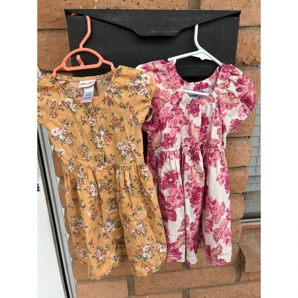 Old Navy Little Lass Toddler Girls Floral Dress Bundle 3T Mustard Pink 2pc‎ Set